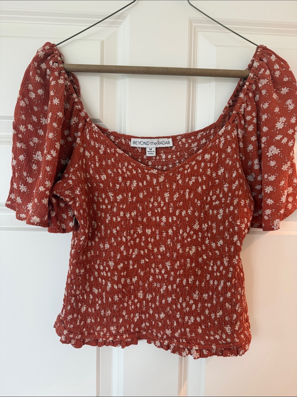 Beyond the Radar Rust Floral Smocked Puff-Sleeve Blouse